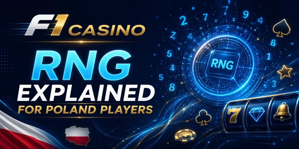 F1 Casino RNG Explained for Poland Players — baner z motywem generatora liczb losowych, cyfrowych symboli, slotów i polskich akcentów dla edukacyjnej strony o losowości w kasynach online.