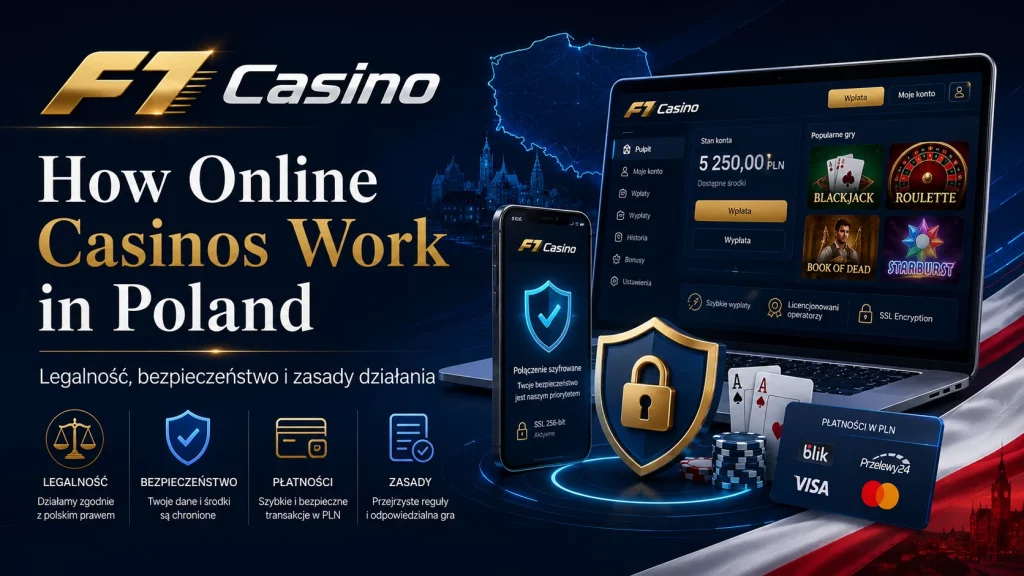 F1 Casino How Online Casinos Work in Poland — baner o legalności, bezpieczeństwie, płatnościach w PLN i zasadach działania kasyn online w Polsce.
