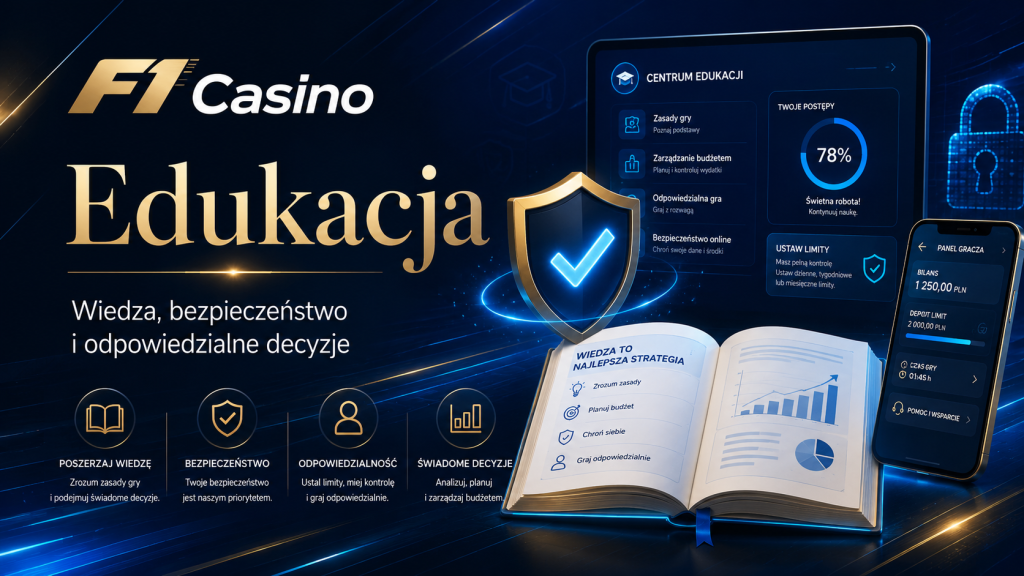 F1 Casino Edukacja — baner z motywem wiedzy, bezpieczeństwa online, kontroli budżetu i odpowiedzialnych decyzji dla graczy w Polsce.