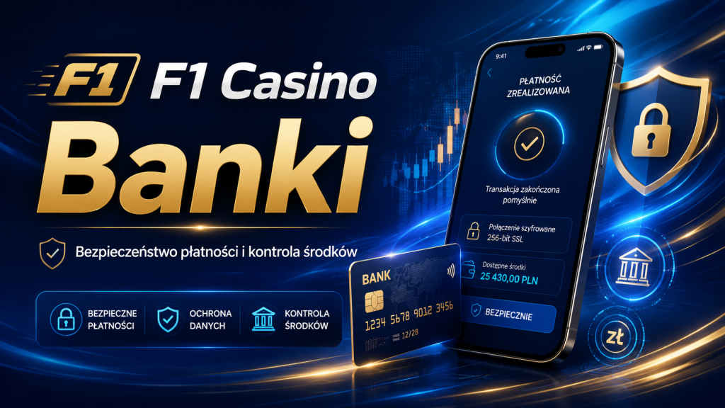 F1 Casino Banki — baner o bezpiecznych płatnościach, ochronie danych i kontroli środków z motywem bankowości online, karty płatniczej i zabezpieczonej transakcji.