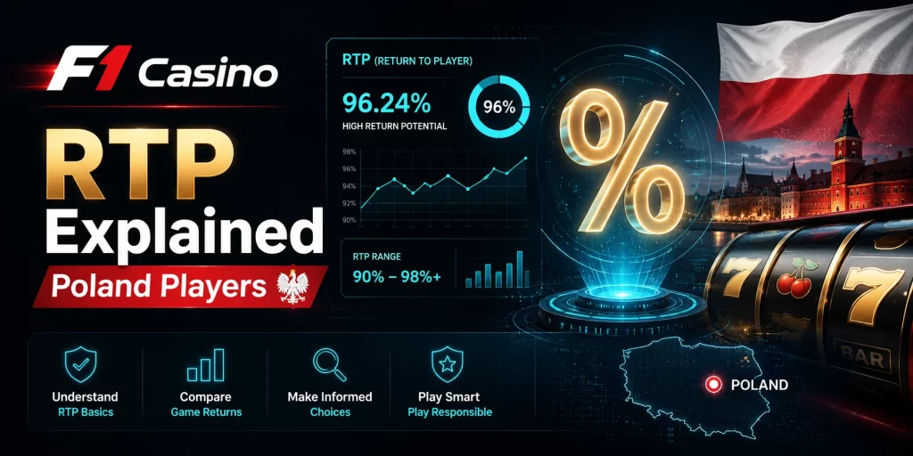 F1 Casino RTP Explained Poland Players — baner edukacyjny o wskaźniku RTP, procentowym zwrocie w grach online, analizie wyników i odpowiedzialnym podejściu dla graczy w Polsce.